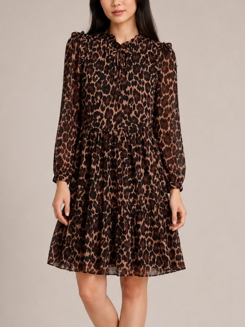 Leopard Print Tiered Chiffon Dress Tie Neck Quiet Luxury J Crew XS